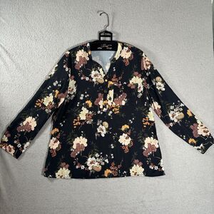 Cacharel Paris Floral Print‎ Tunic Top Semi Sheer Black Size XL Long Sleeve